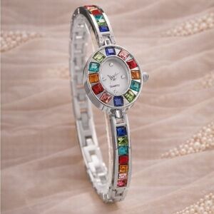 Vintage Silver Multicolor Crystal Quartz Watch